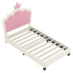 Lit de princesse rembourré MAYEERTY double avec tête de lit et pied de lit en forme de couronne pour chambre à coucher, rose crème