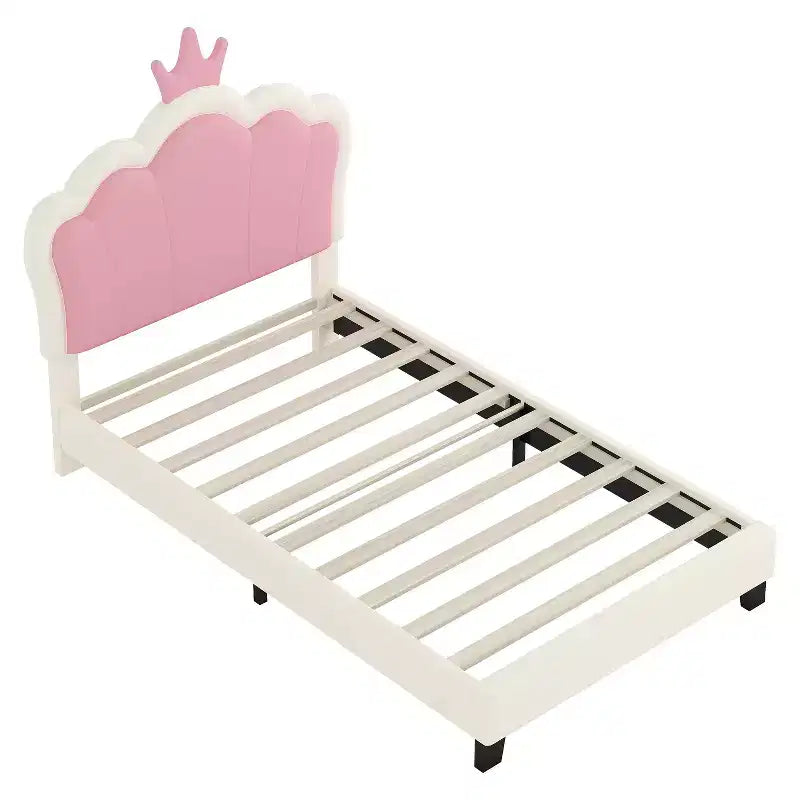 Lit de princesse rembourré MAYEERTY double avec tête de lit et pied de lit en forme de couronne pour chambre à coucher, rose crème