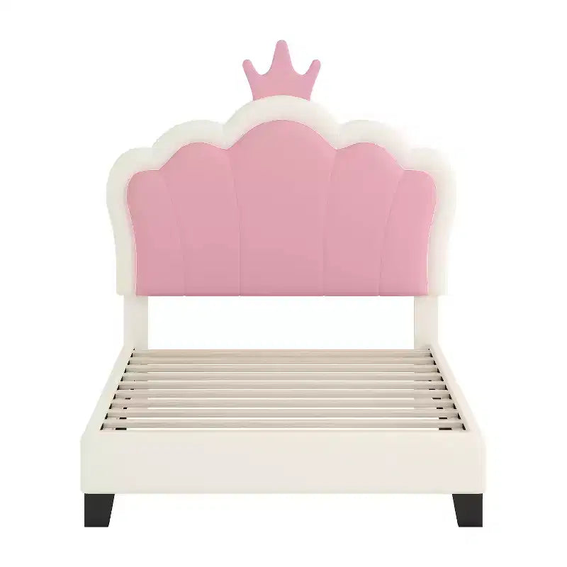 Lit de princesse rembourré MAYEERTY double avec tête de lit et pied de lit en forme de couronne pour chambre à coucher, rose crème