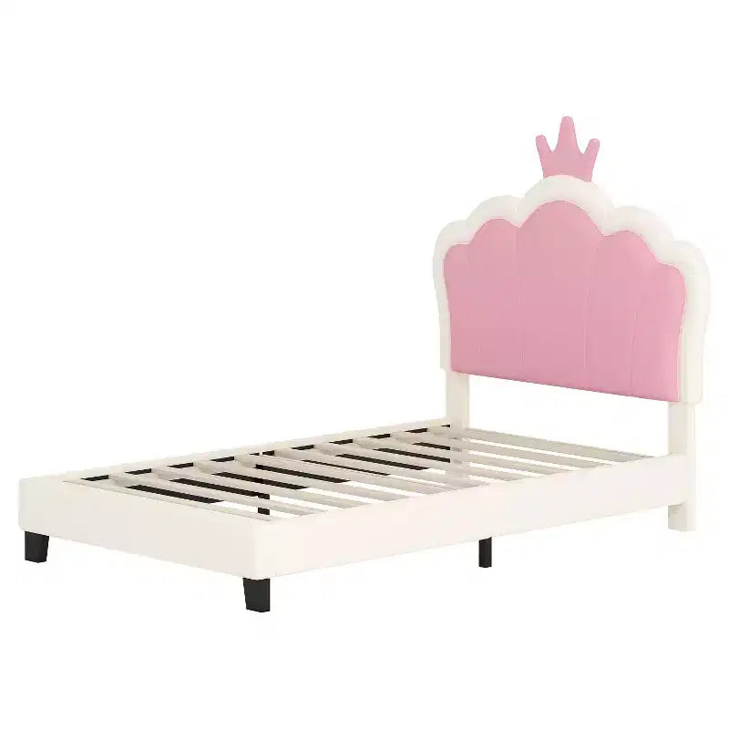 Lit de princesse rembourré MAYEERTY double avec tête de lit et pied de lit en forme de couronne pour chambre à coucher, rose crème