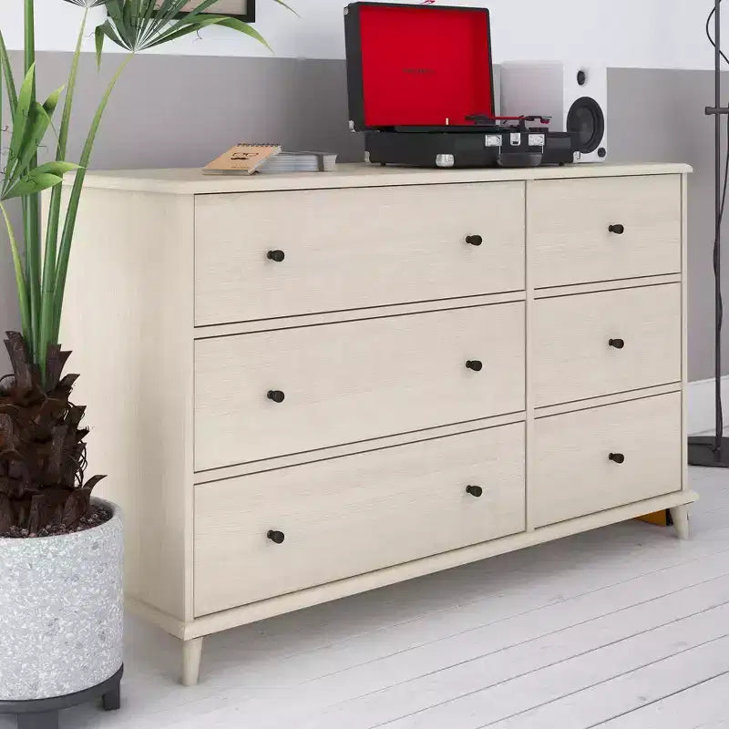 JVNOXK Commode 6 tiroirs style moderne du milieu du siècle ivoire, meuble de rangement Farnsworth avec glissières métalliques, bois composite