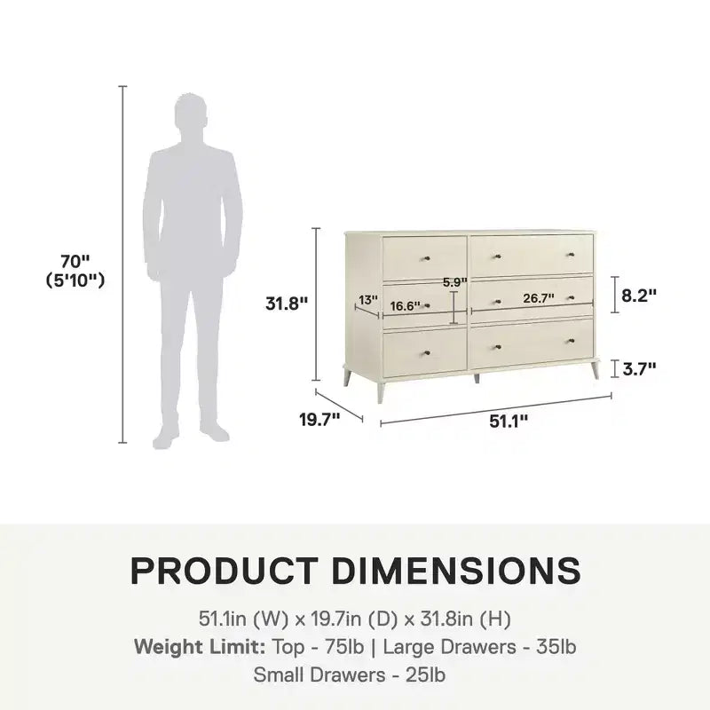 JVNOXK Commode 6 tiroirs style moderne du milieu du siècle ivoire, meuble de rangement Farnsworth avec glissières métalliques, bois composite