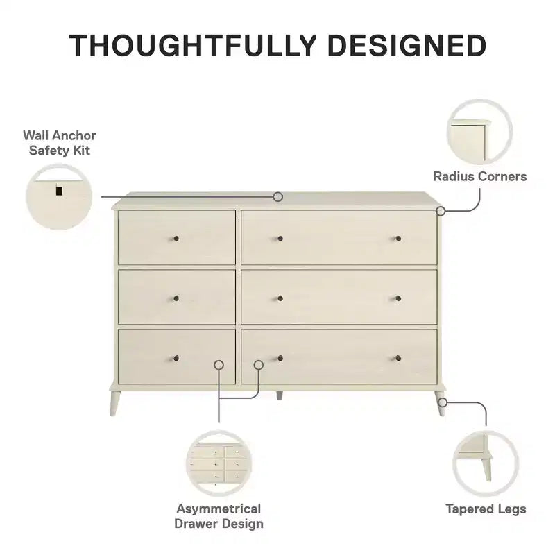 JVNOXK Commode 6 tiroirs style moderne du milieu du siècle ivoire, meuble de rangement Farnsworth avec glissières métalliques, bois composite