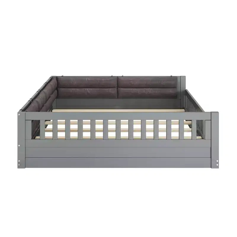 Bellemave Lit plateforme rembourré en bois, taille double, avec barrière de sécurité et oreiller, pas besoin de sommier tapissier, construction robuste en pin, gris