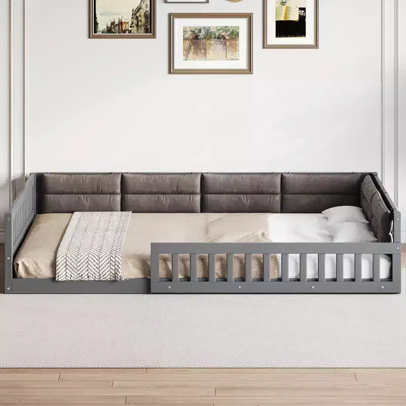 Bellemave Lit plateforme rembourré en bois, taille double, avec barrière de sécurité et oreiller, pas besoin de sommier tapissier, construction robuste en pin, gris