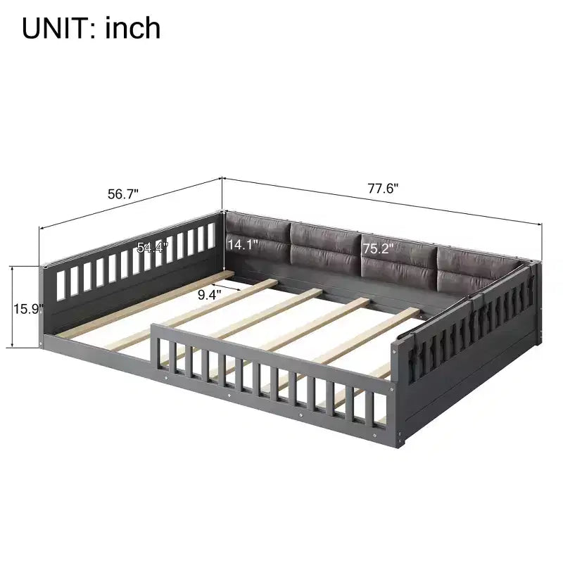 Bellemave Lit plateforme rembourré en bois, taille double, avec barrière de sécurité et oreiller, pas besoin de sommier tapissier, construction robuste en pin, gris