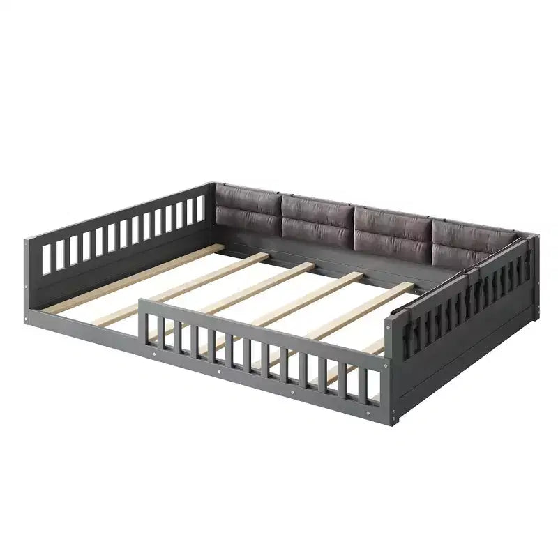 Bellemave Lit plateforme rembourré en bois, taille double, avec barrière de sécurité et oreiller, pas besoin de sommier tapissier, construction robuste en pin, gris
