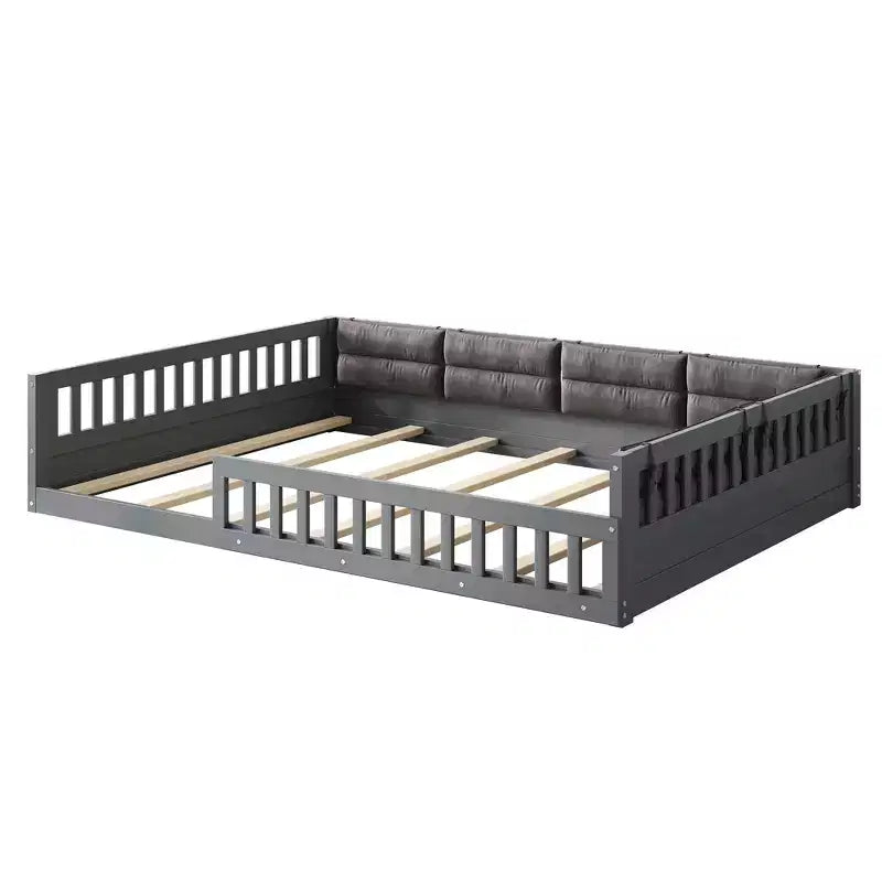 Bellemave Lit plateforme rembourré en bois, taille double, avec barrière de sécurité et oreiller, pas besoin de sommier tapissier, construction robuste en pin, gris