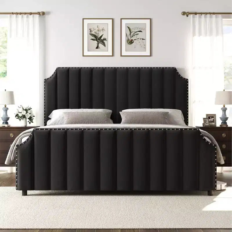 California King Size Platform Bed Frame with 50.2 Tall Headboard, Upholstered Bed with Vertical Channel Tufted Headboard & Footboard, Nailhead Trim