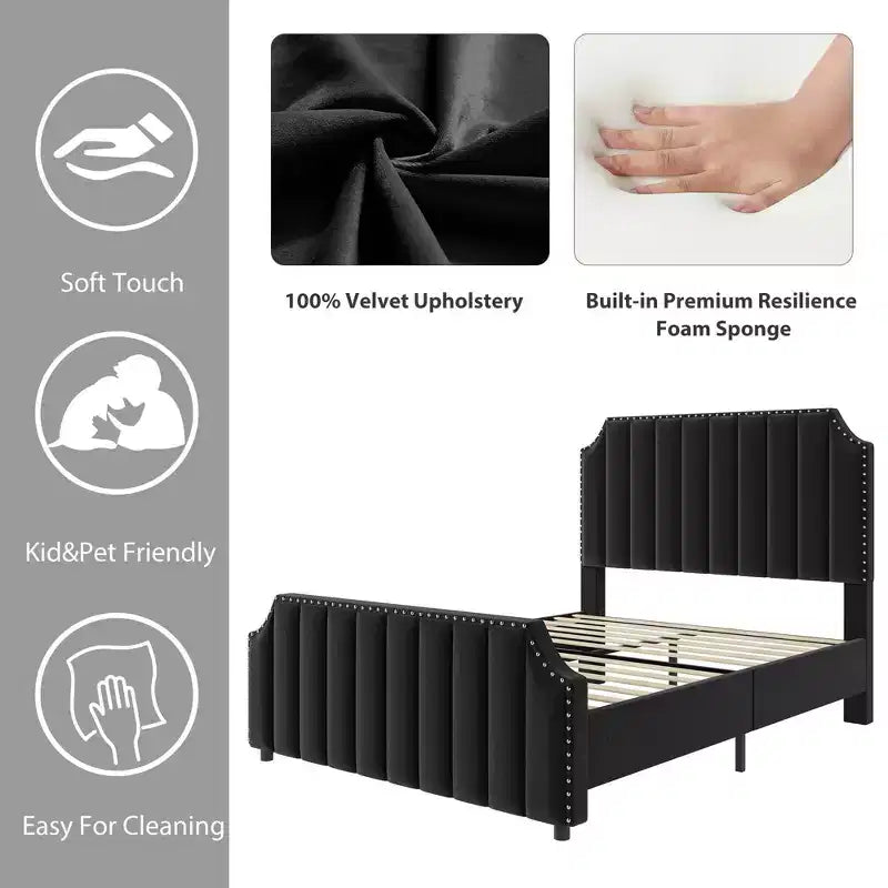 Lit plateforme California King avec tête de lit de 50,2" de haut, lit rembourré avec tête et pied de lit touffetés à canaux verticaux, et garniture cloutée