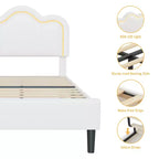Lit rembourré moderne pour enfants, taille double, avec tête de lit réglable, éclairage d'ambiance RVB et support silencieux (sans sommier), en tissu beige