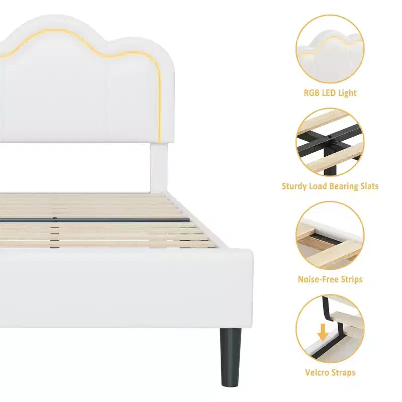 Lit rembourré moderne pour enfants, taille double, avec tête de lit réglable, éclairage d'ambiance RVB et support silencieux (sans sommier), en tissu beige