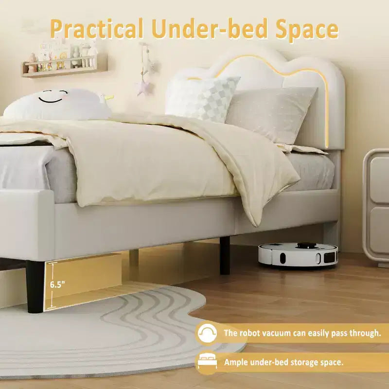 Lit rembourré moderne pour enfants, taille double, avec tête de lit réglable, éclairage d'ambiance RVB et support silencieux (sans sommier), en tissu beige