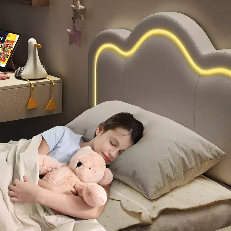 Lit rembourré moderne pour enfants, taille double, avec tête de lit réglable, éclairage d'ambiance RVB et support silencieux (sans sommier), en tissu beige