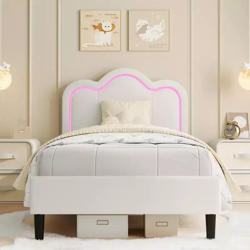 Lit rembourré moderne pour enfants, taille double, avec tête de lit réglable, éclairage d'ambiance RVB et support silencieux (sans sommier), en tissu beige