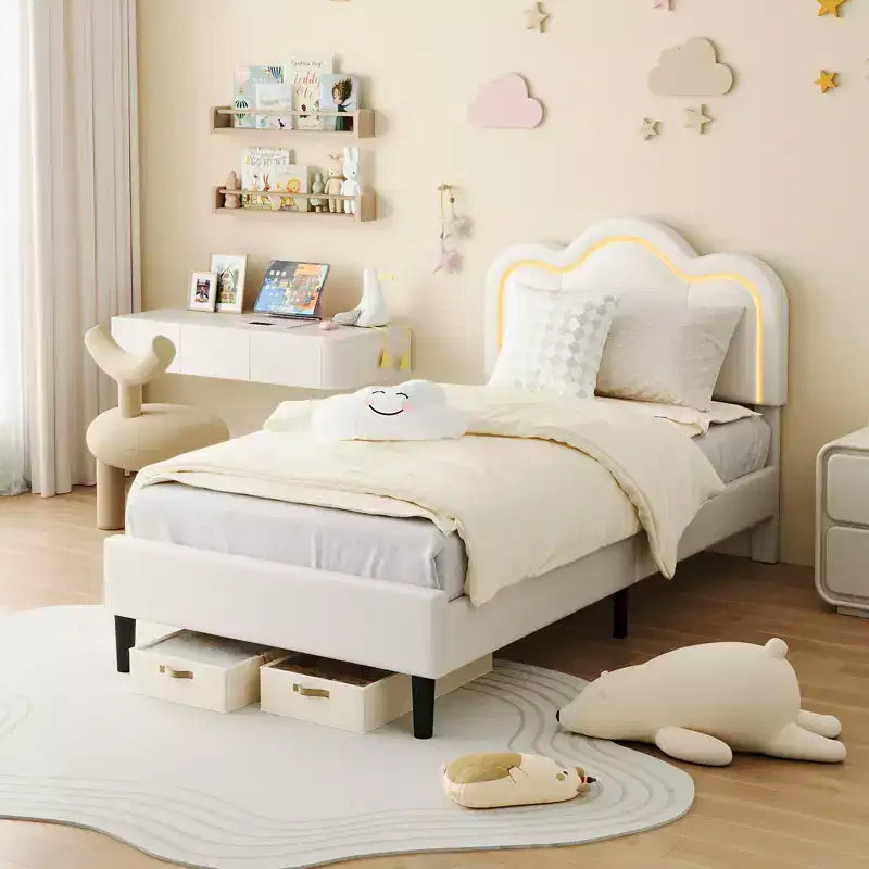 Lit rembourré moderne pour enfants, taille double, avec tête de lit réglable, éclairage d'ambiance RVB et support silencieux (sans sommier), en tissu beige