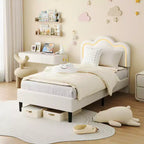 Lit rembourré moderne pour enfants, taille double, avec tête de lit réglable, éclairage d'ambiance RVB et support silencieux (sans sommier), en tissu beige