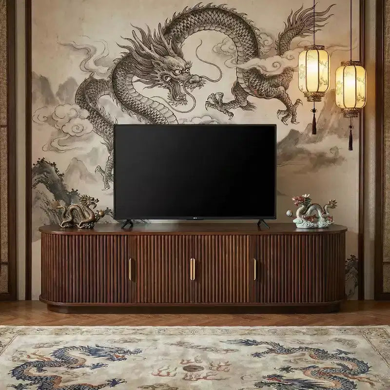 JVNOXK 66-inch Farmhouse-Style Wood TV Console with Sliding Shutter Storage, Fits TVs 75 inches and under; Ideal for Living Rooms, Walnut