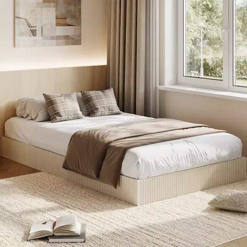 Cadre de lit en bois, lit plateforme avec design cannelé, robuste, élégant et silencieux, montage facile, aucun sommier tapissier requis, silencieux