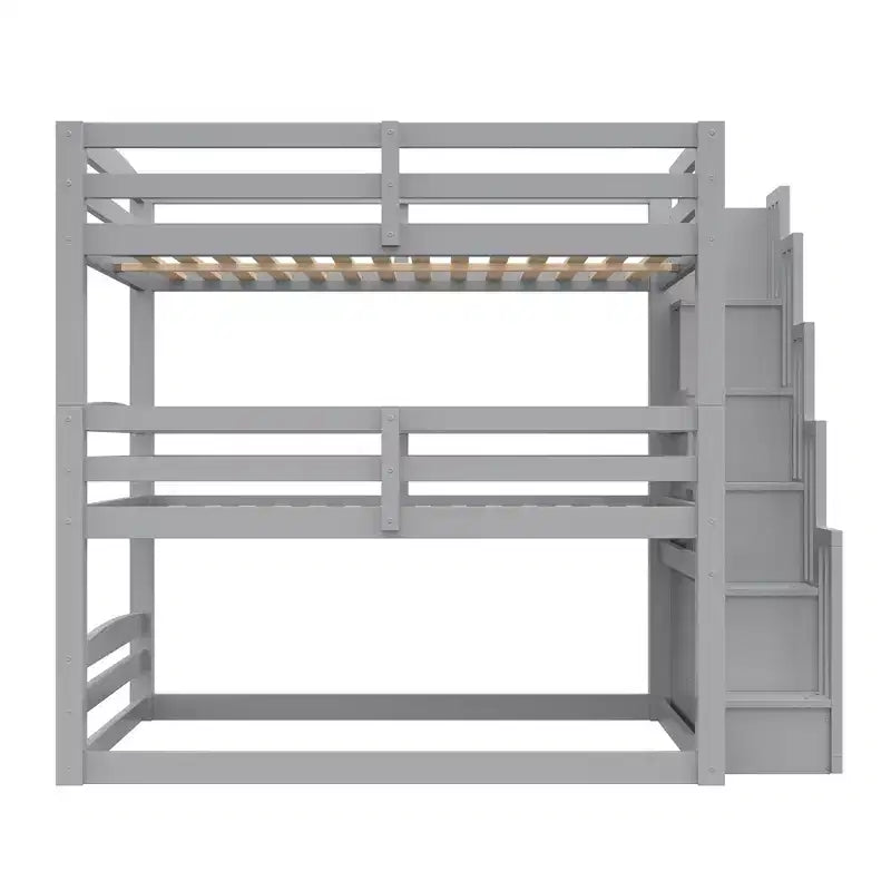 Luxystar Lit superposé triple en bois de taille standard avec escalier de rangement