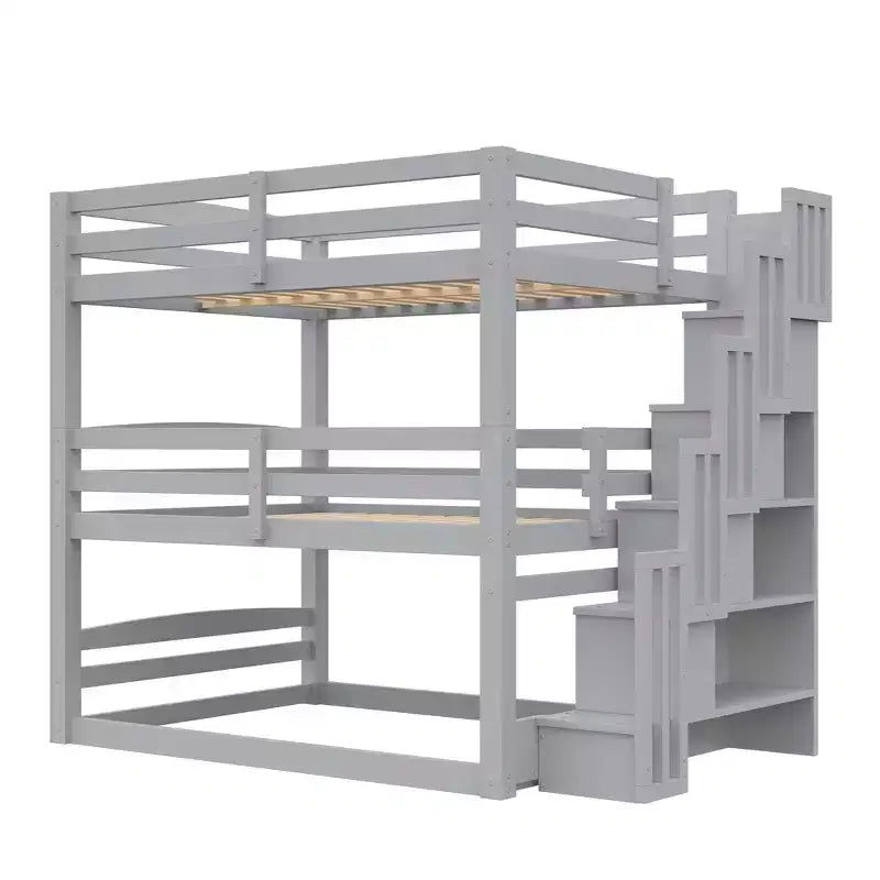 Luxystar Lit superposé triple en bois de taille standard avec escalier de rangement