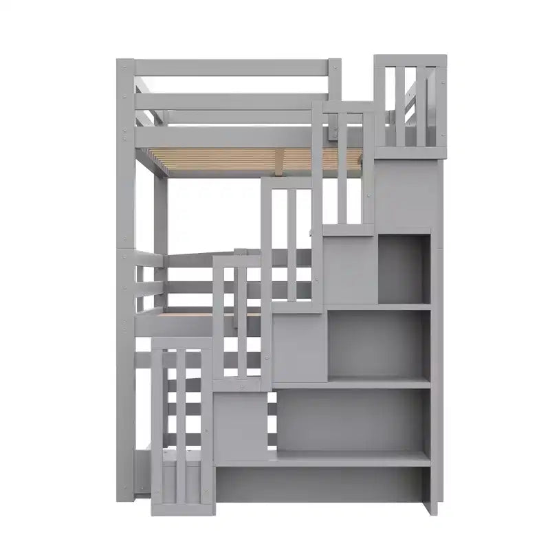 Luxystar Lit superposé triple en bois de taille standard avec escalier de rangement