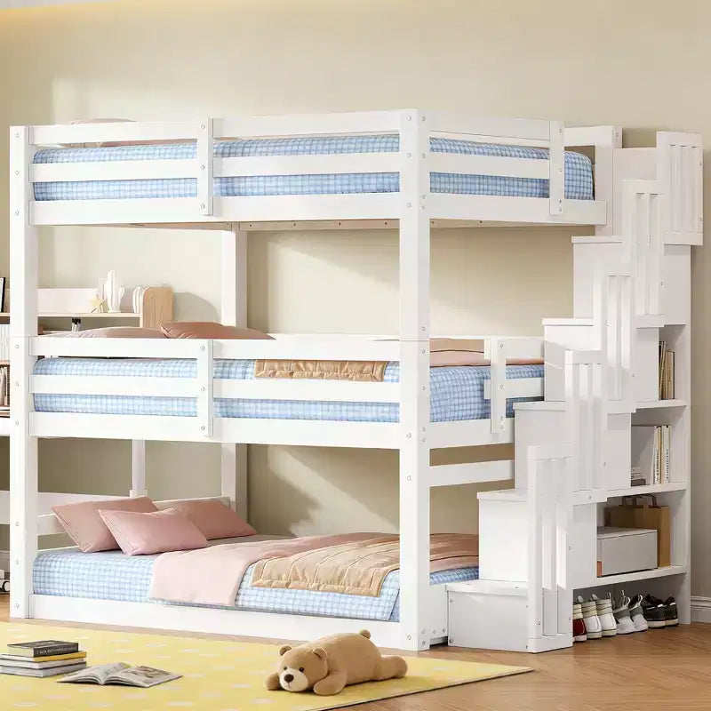 Luxystar Lit superposé triple en bois de taille standard avec escalier de rangement