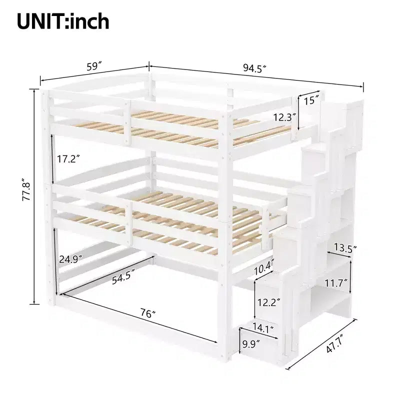 Luxystar Lit superposé triple en bois de taille standard avec escalier de rangement