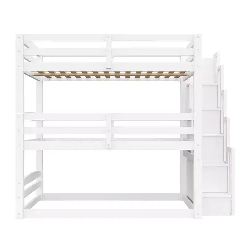Luxystar Lit superposé triple en bois de taille standard avec escalier de rangement