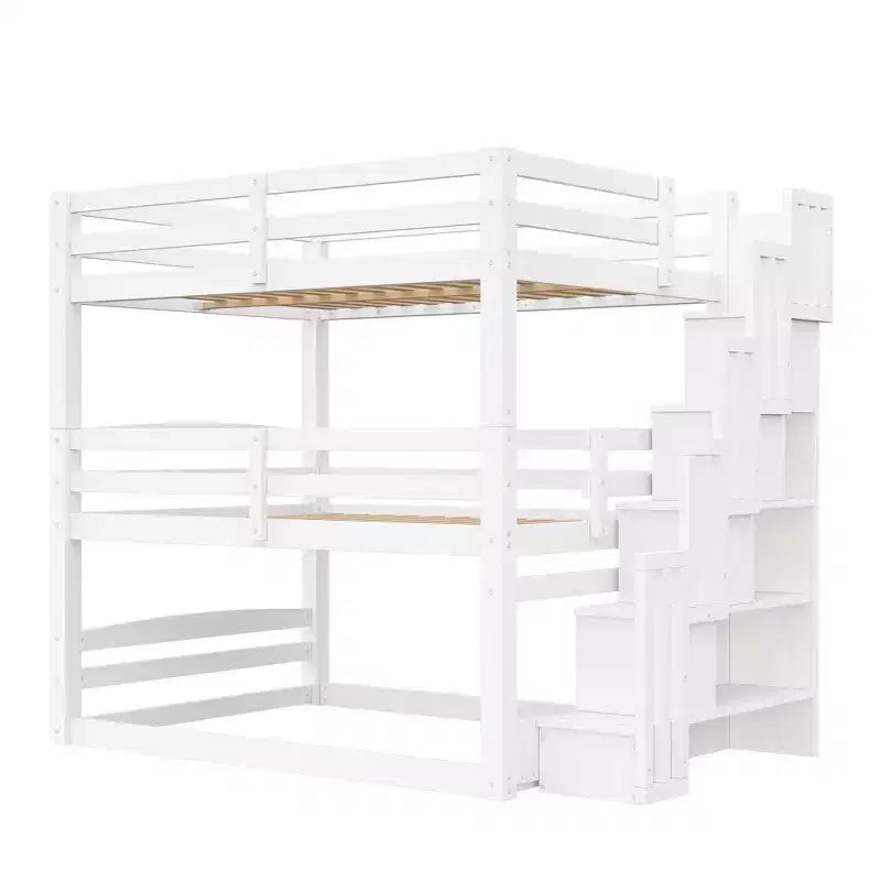 Luxystar Lit superposé triple en bois de taille standard avec escalier de rangement