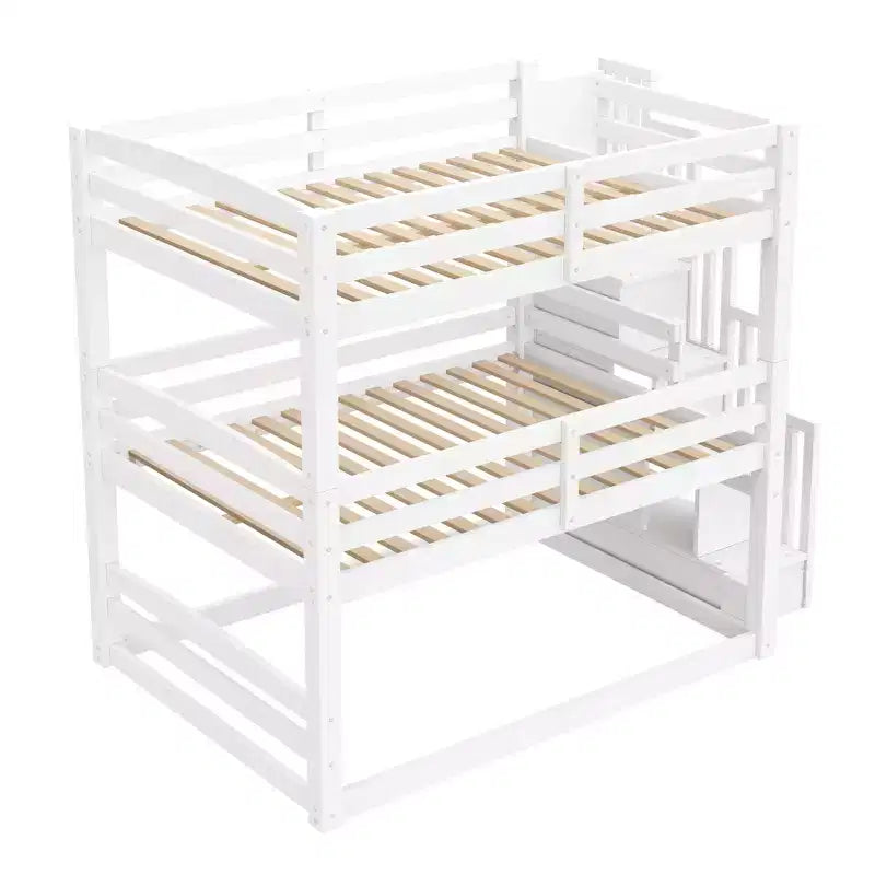 Luxystar Lit superposé triple en bois de taille standard avec escalier de rangement