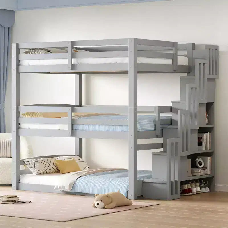 Luxystar Lit superposé triple en bois de taille standard avec escalier de rangement