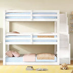 Luxystar Lit superposé triple en bois de taille standard avec escalier de rangement