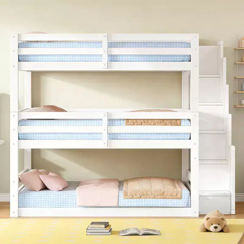 Luxystar Lit superposé triple en bois de taille standard avec escalier de rangement