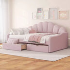 Lit de repos pleine grandeur avec rangement, canapé-lit rembourré en velours avec 2 tiroirs, cadre de lit de repos moderne avec dossier en forme de coquille