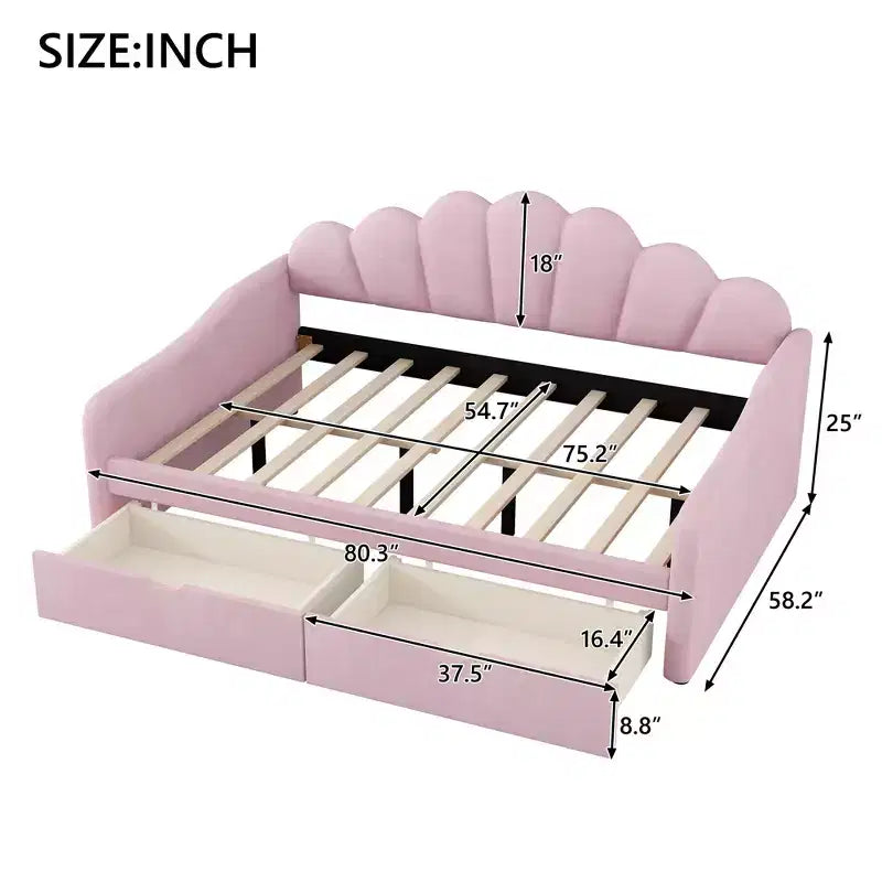Lit de repos pleine grandeur avec rangement, canapé-lit rembourré en velours avec 2 tiroirs, cadre de lit de repos moderne avec dossier en forme de coquille