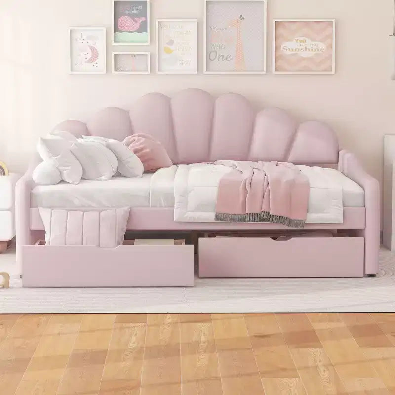 Lit de repos pleine grandeur avec rangement, canapé-lit rembourré en velours avec 2 tiroirs, cadre de lit de repos moderne avec dossier en forme de coquille