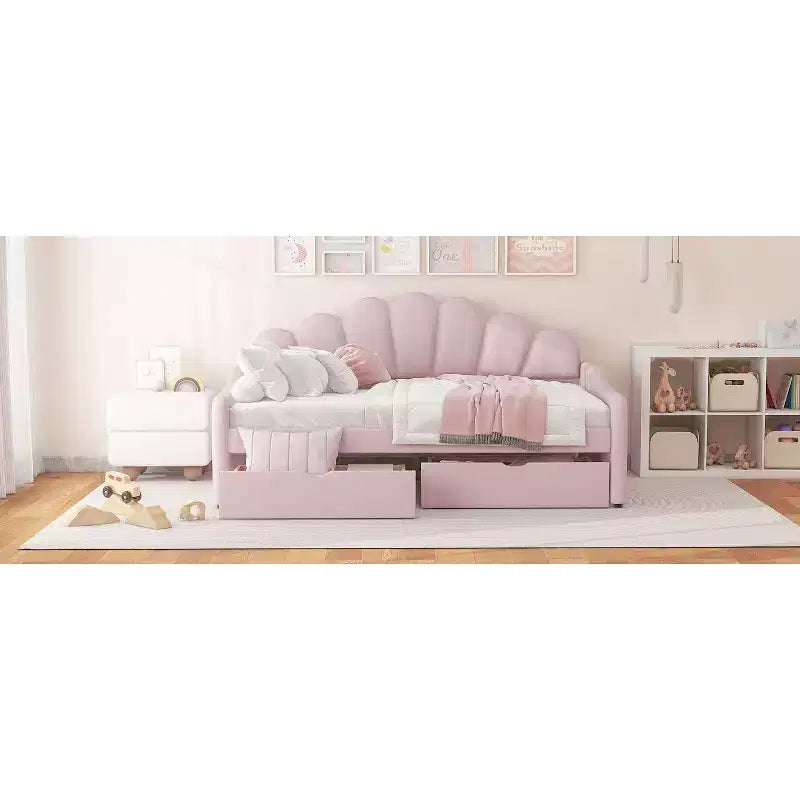 Lit de repos pleine grandeur avec rangement, canapé-lit rembourré en velours avec 2 tiroirs, cadre de lit de repos moderne avec dossier en forme de coquille