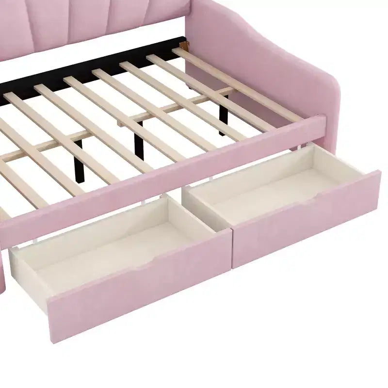 Lit de repos pleine grandeur avec rangement, canapé-lit rembourré en velours avec 2 tiroirs, cadre de lit de repos moderne avec dossier en forme de coquille