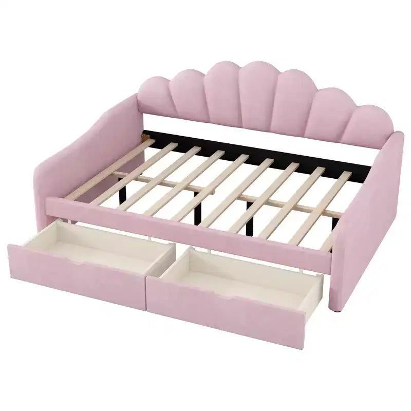 Lit de repos pleine grandeur avec rangement, canapé-lit rembourré en velours avec 2 tiroirs, cadre de lit de repos moderne avec dossier en forme de coquille