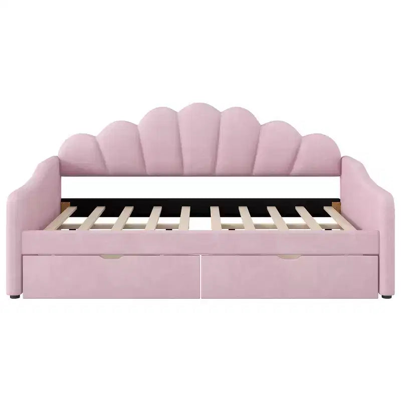 Lit de repos pleine grandeur avec rangement, canapé-lit rembourré en velours avec 2 tiroirs, cadre de lit de repos moderne avec dossier en forme de coquille