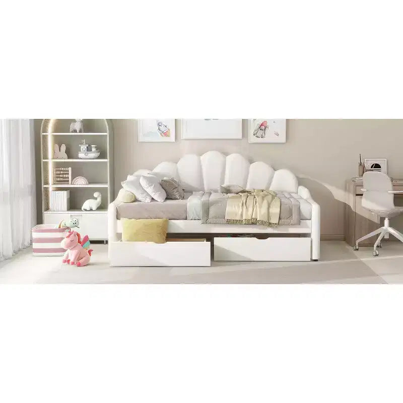 Lit de repos pleine grandeur avec rangement, canapé-lit rembourré en velours avec 2 tiroirs, cadre de lit de repos moderne avec dossier en forme de coquille