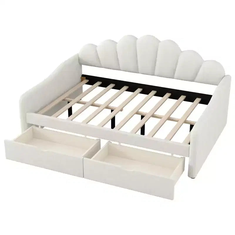 Lit de repos pleine grandeur avec rangement, canapé-lit rembourré en velours avec 2 tiroirs, cadre de lit de repos moderne avec dossier en forme de coquille