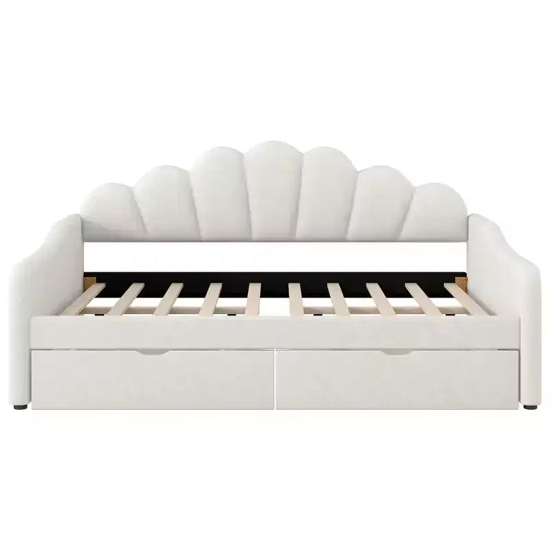 Lit de repos pleine grandeur avec rangement, canapé-lit rembourré en velours avec 2 tiroirs, cadre de lit de repos moderne avec dossier en forme de coquille