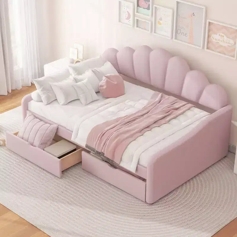 Lit de repos pleine grandeur avec rangement, canapé-lit rembourré en velours avec 2 tiroirs, cadre de lit de repos moderne avec dossier en forme de coquille