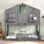 JVNOXK 81-inch canopy bed with windows, window sill planters, doors, safety rails, and ladder, low-profile design with full-length guardrails, gray