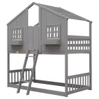 JVNOXK lit à baldaquin de 81 pouces avec fenêtres, jardinières de rebord de fenêtre, portes, barrières de sécurité et échelle, conception basse avec garde-corps pleine longueur, gris