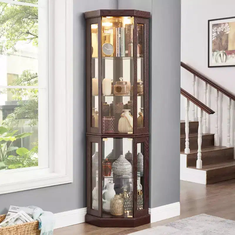 JVNOXK Corner glass cabinet with lighting, suitable for living rooms, antique collections, wine storage, or bar glassware display. Deep cherry wood