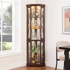 Meuble d'angle en verre JVNOXK avec éclairage, adapté aux salons, collections d'antiquités, rangement de vins ou exposition de verres de bar. Bois de cerisier foncé