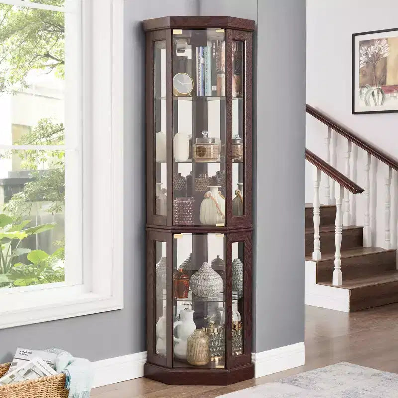 Meuble d'angle en verre JVNOXK avec éclairage, adapté aux salons, collections d'antiquités, rangement de vins ou exposition de verres de bar. Bois de cerisier foncé